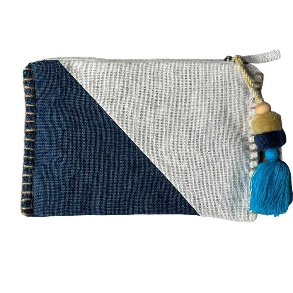 Sydney Byron Suncatcher Zippered Pouch Navy & White Beach Boho Jute Tassel NWOT - Picture 3 of 5